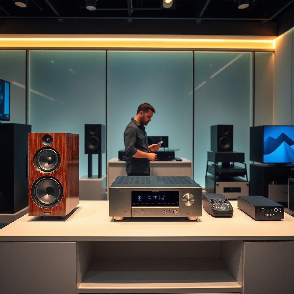 Home stereo showroom showcasing audio equipment