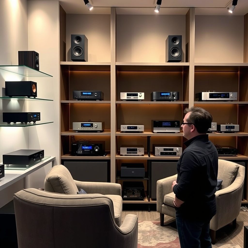 Home stereo showroom featuring audio equipment